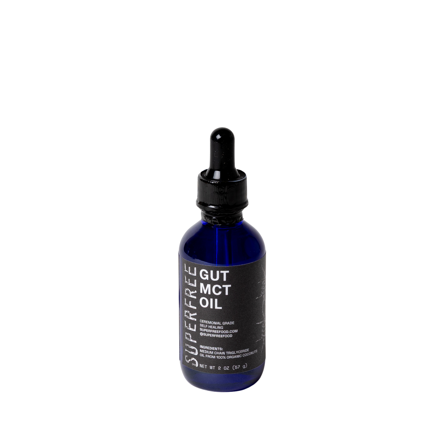 Blue bottle of Superfree Gut MCT Oil with a dropper on a white background