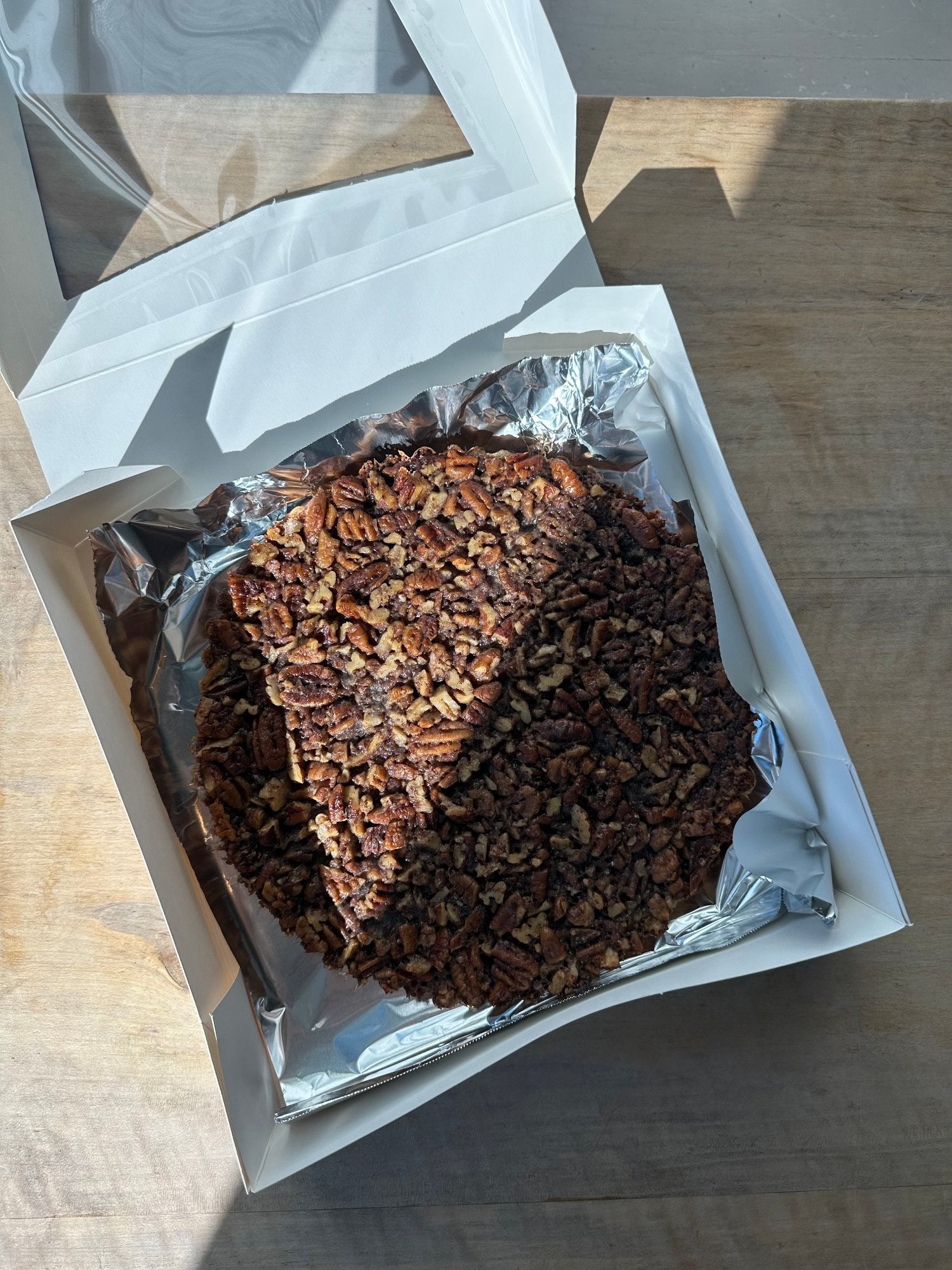 superfree maple pecan tart in open pie box