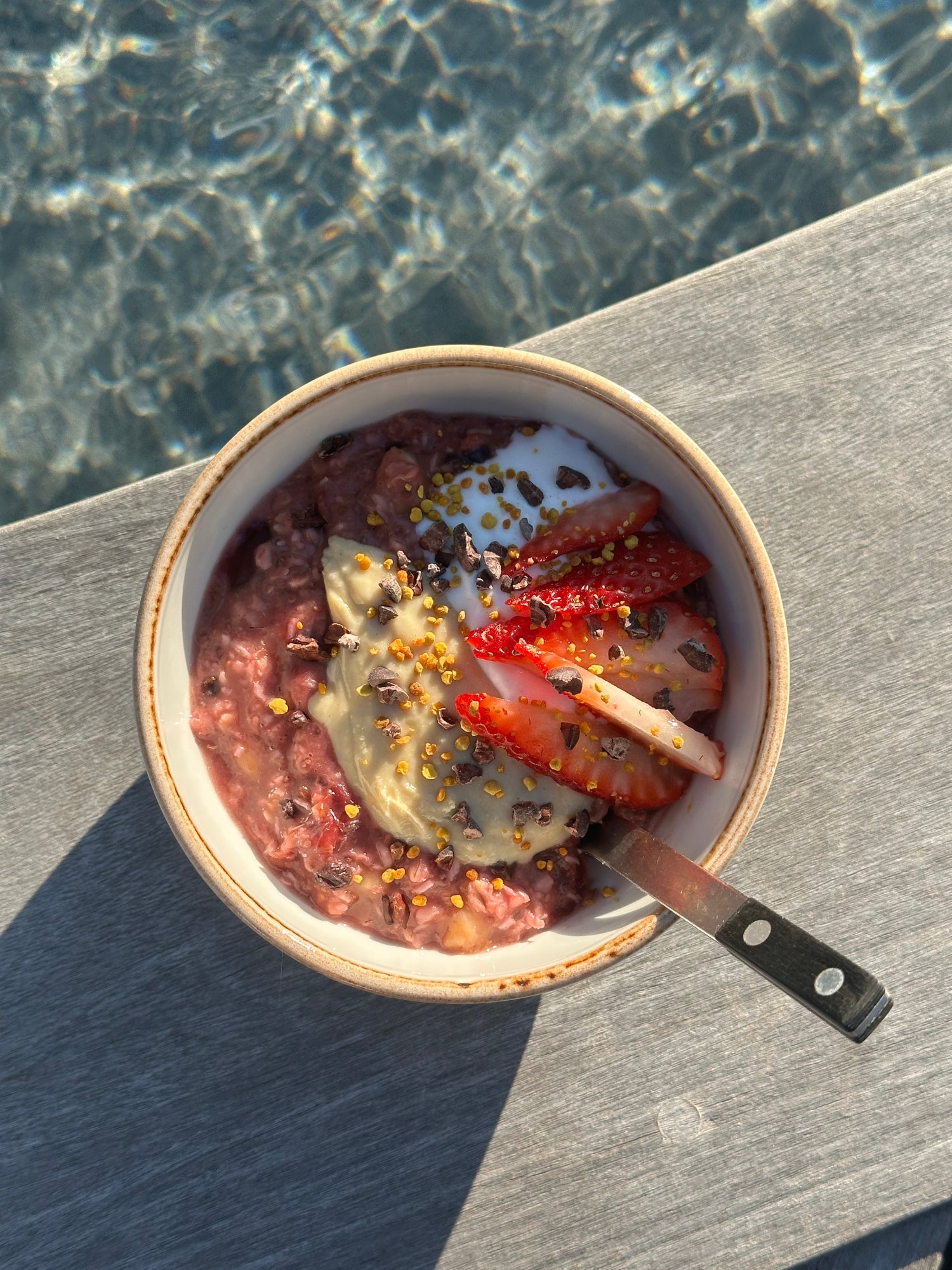 superfree maca butter on adaptogenic chia oats breakfast by the pool